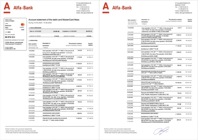 1ONE CARD Bank Statement - BankStatements.net